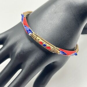 Vintage Gold Tone Nautical Rope Detail Bangle Bracelet w/ Blue & Red Enamel 7"